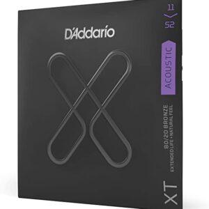 D'Addario Guitar Strings - XT 80/20 Bronze Coated Acoustic Guitar Strings - XTABR1152 - Extended String Life with Natural Tone, Feel - For 6 String Guitars - 11-52 Custom Light