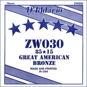 D'Addario ZW030 Acoustic Guitar String, Single 85/15 Bronze Wound, 0.030 Gauge