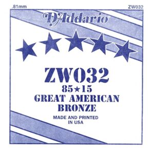 D'Addario ZW032 Acoustic Guitar String, Single 85/15 Bronze Wound, 0.032 Gauge