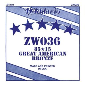 D'Addario ZW036 Acoustic Guitar String, Single 85/15 Bronze Wound, 0.036 Gauge